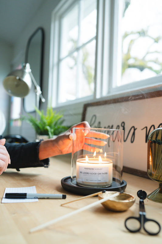 Glass Hurricane and Black Wood Tray from Footnote Candles, with candle accessories