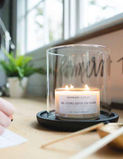 Glass Hurricane and Black Wood Tray with Footnote Candles